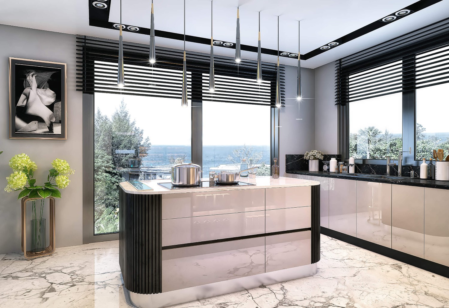 Tủ bếp hiện đại kết hợp tủ bếp Acrylic và tủ bếp cánh kính