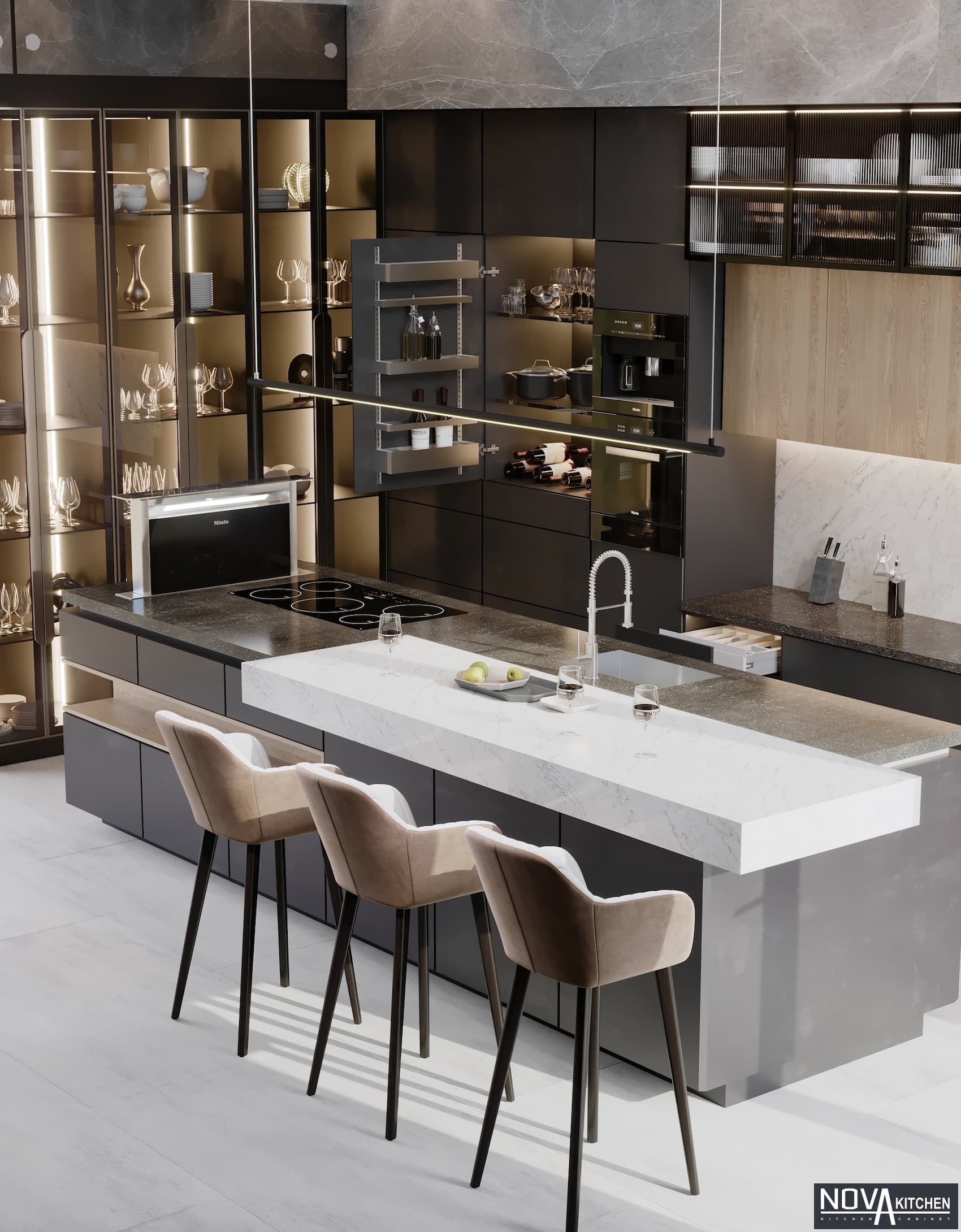Tủ bếp MDF kết hợp tủ bếp cánh kính hiện đại