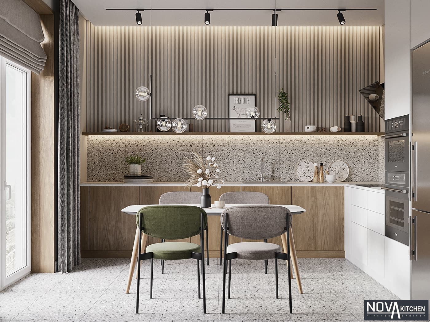 Tủ bếp MDF không tủ trên phong cách đơn giản