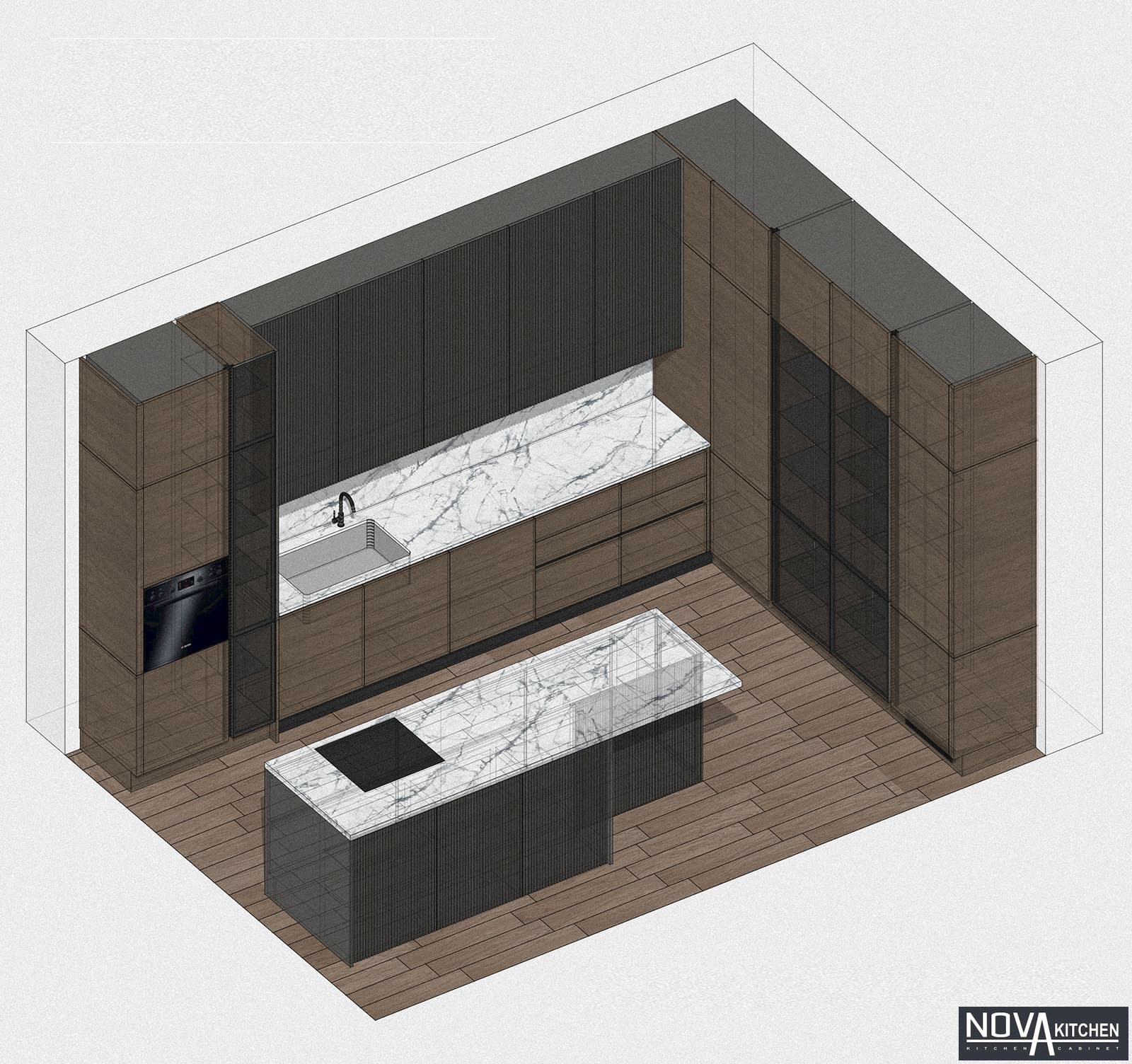 Tủ bếp MDF vân gỗ màu tối sang trọng