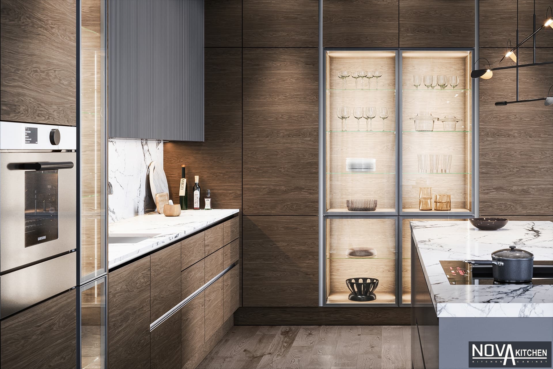 Tủ bếp MDF vân gỗ màu tối sang trọng