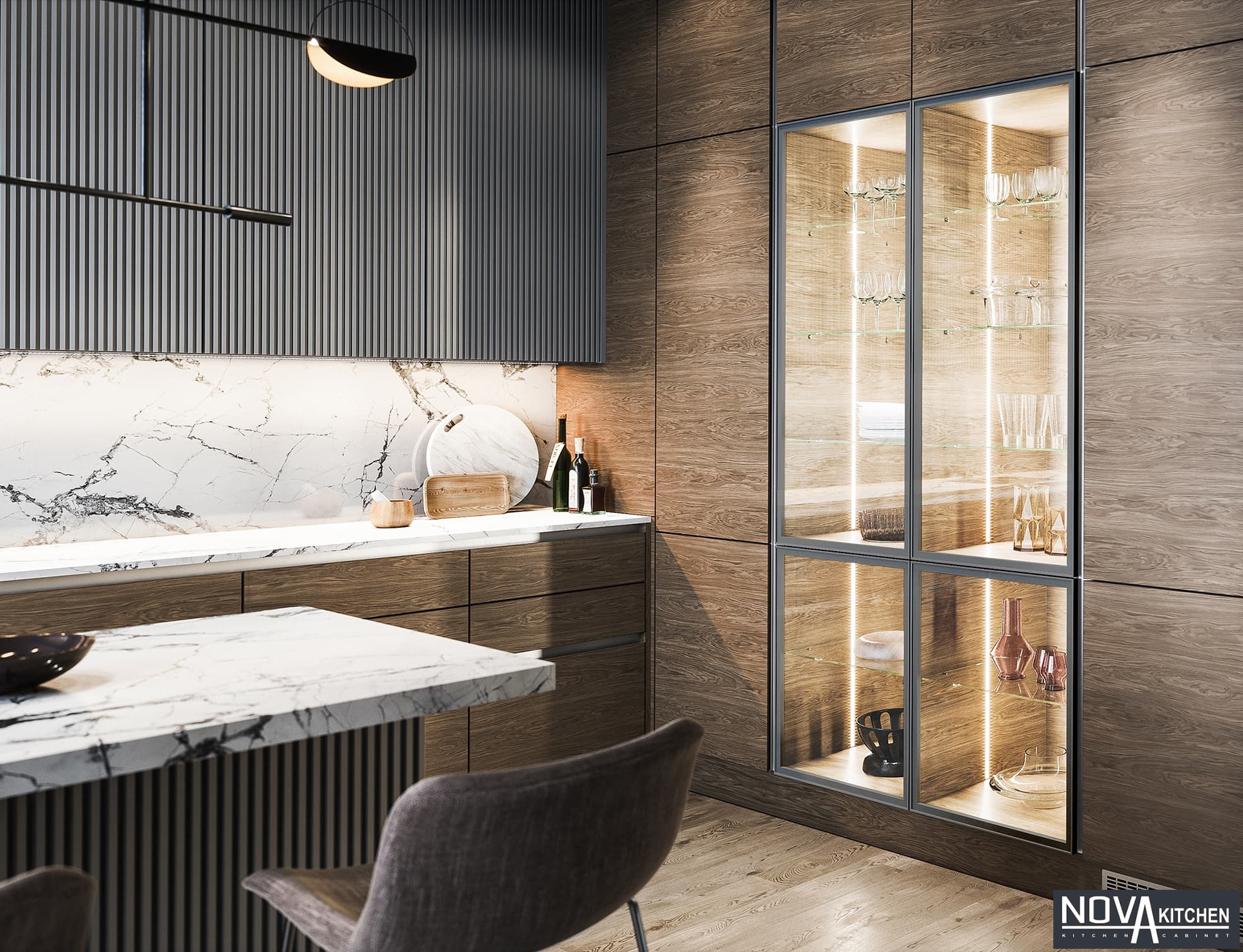 Tủ bếp MDF vân gỗ màu tối sang trọng