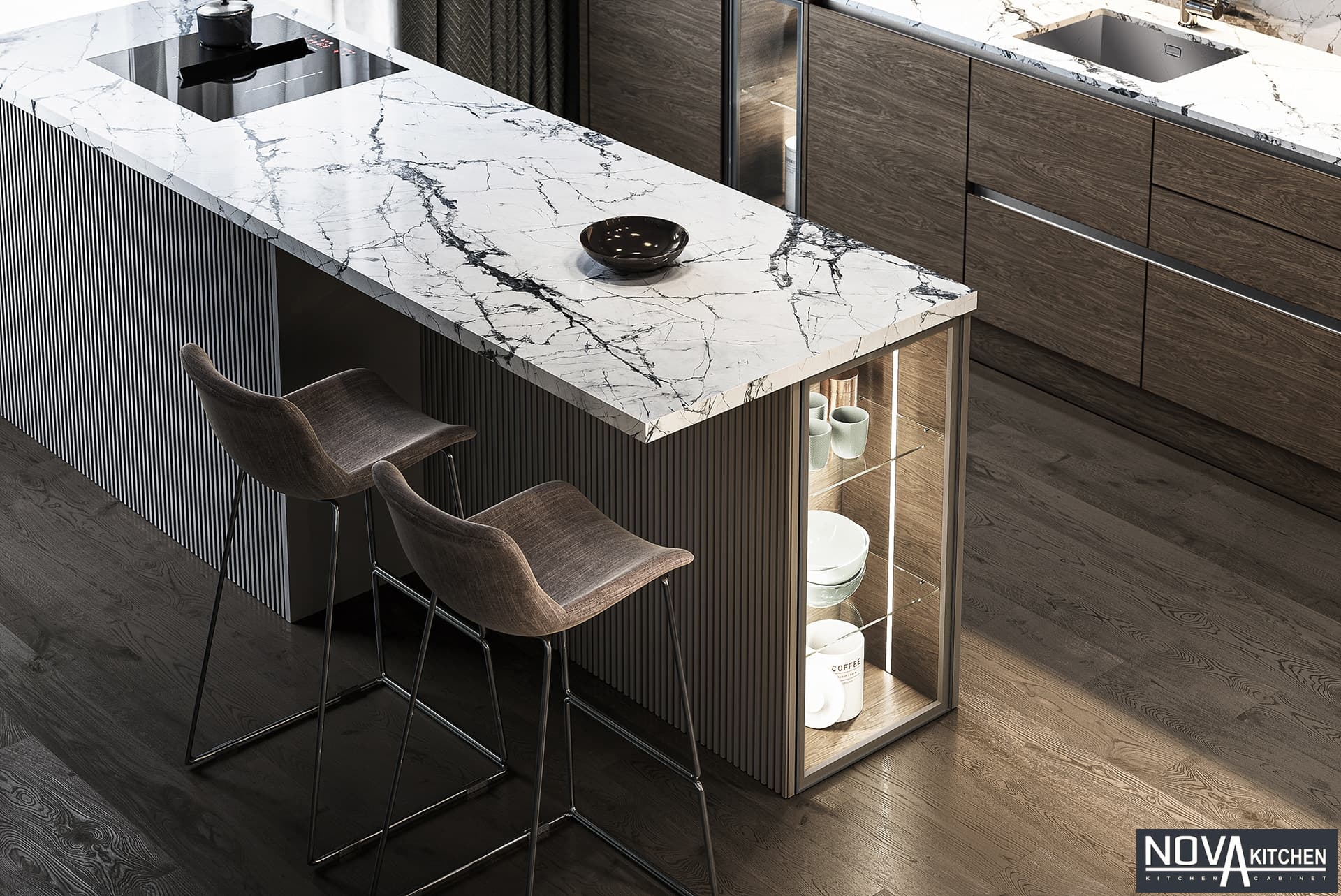 Tủ bếp MDF vân gỗ màu tối sang trọng