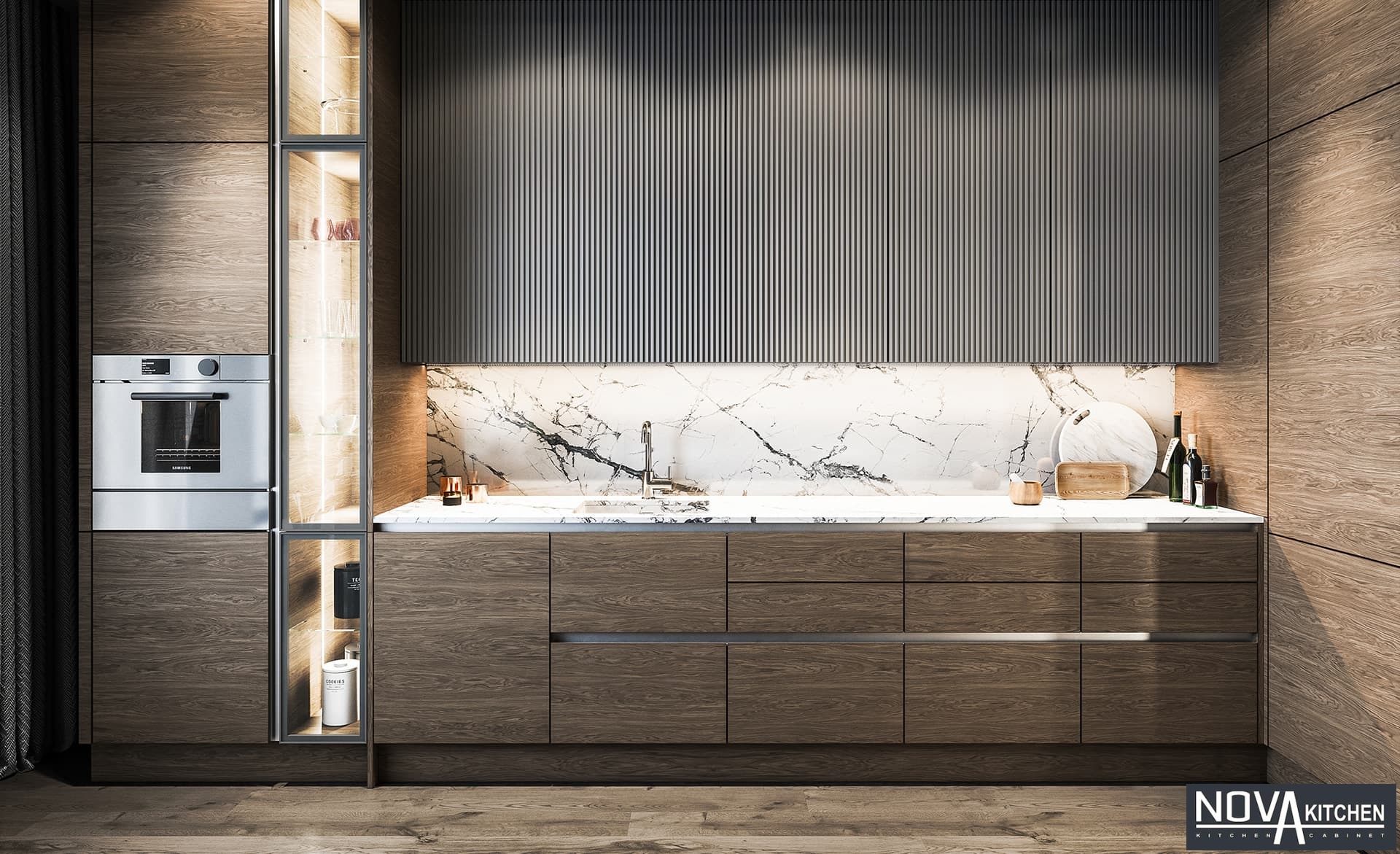 Tủ bếp MDF vân gỗ màu tối sang trọng