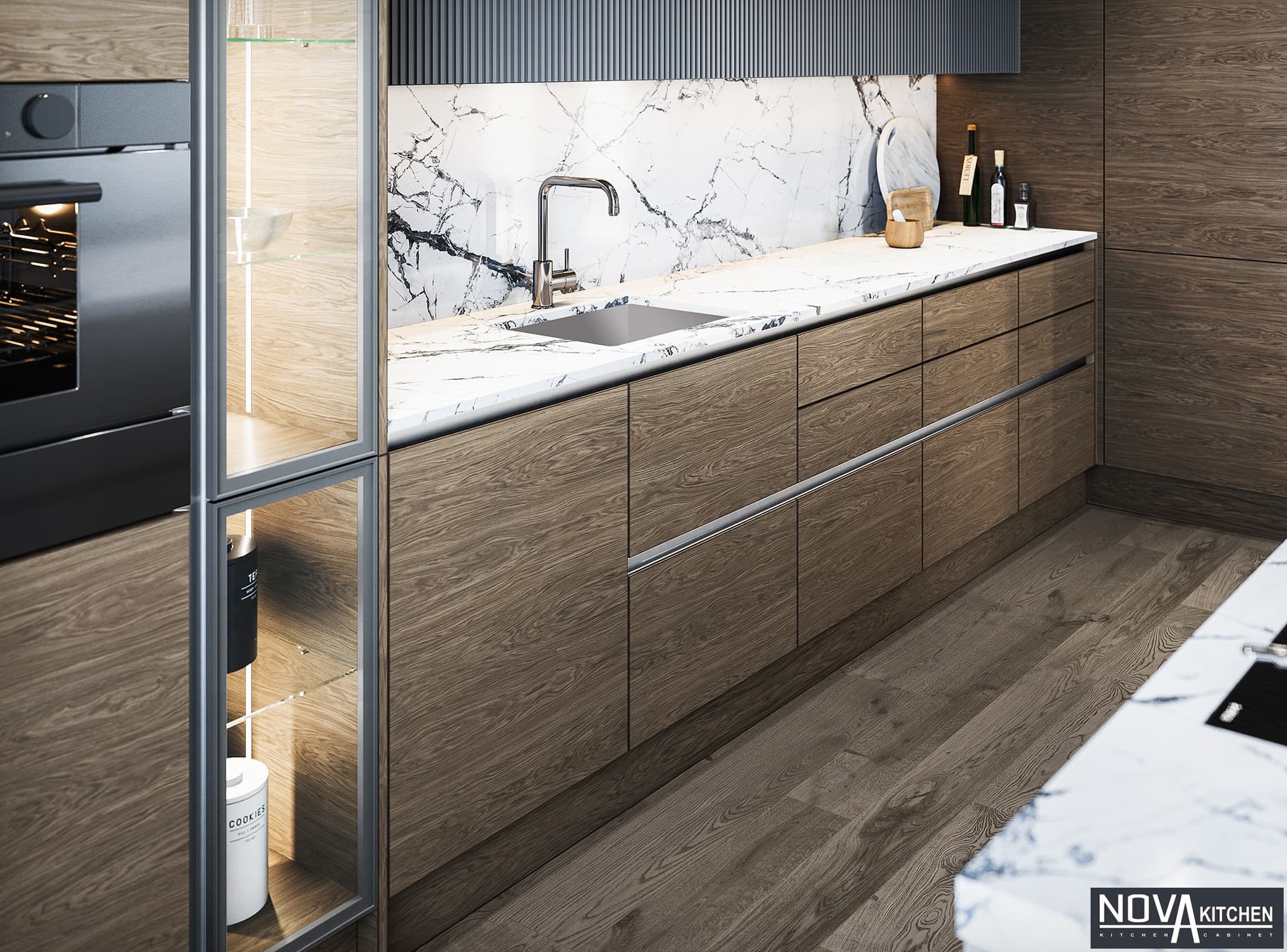 Tủ bếp MDF vân gỗ màu tối sang trọng