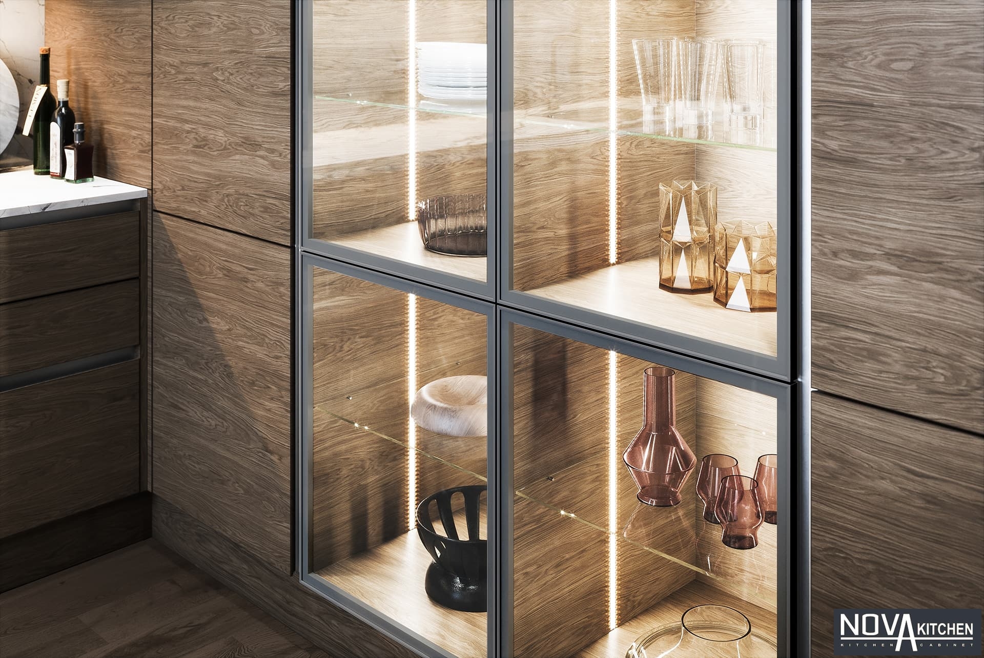 Tủ bếp MDF vân gỗ màu tối sang trọng
