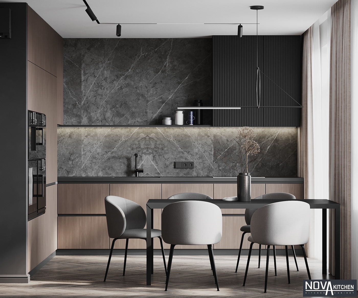 Thiết kế tủ bếp MDF tông màu tối sang trọng
