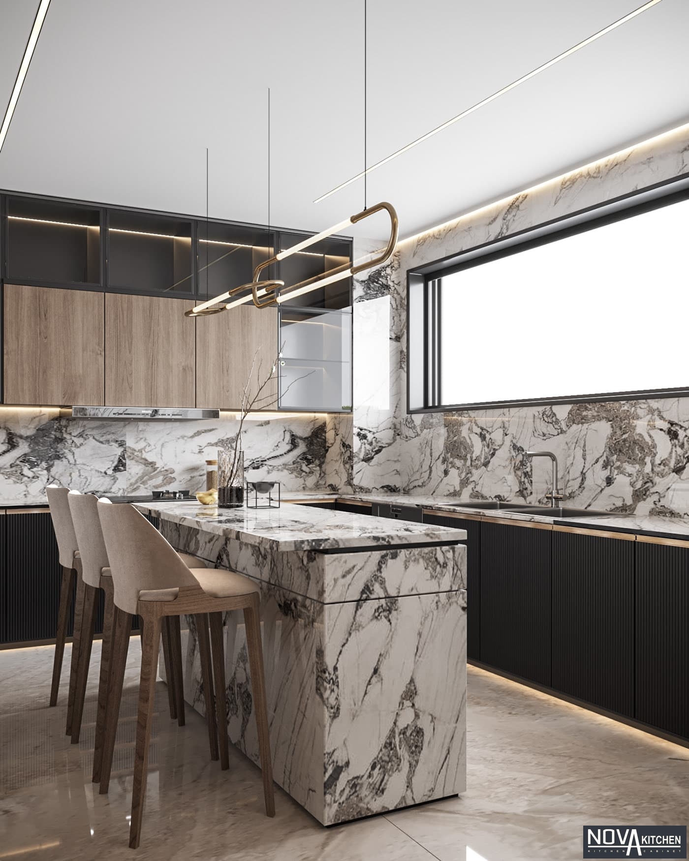 Tủ bếp MDF kết hợp nội thất đá sang trọng