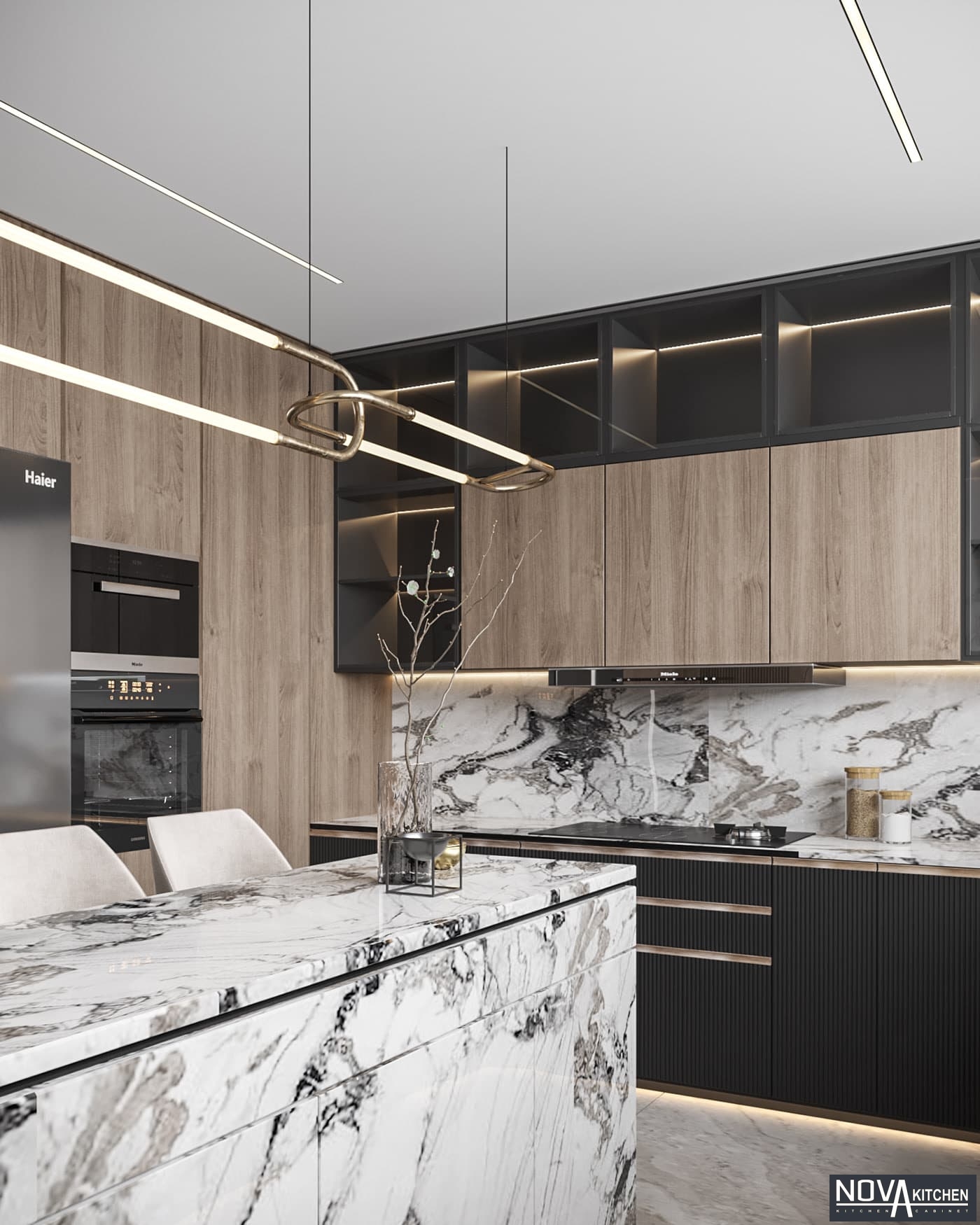 Tủ bếp MDF kết hợp nội thất đá sang trọng