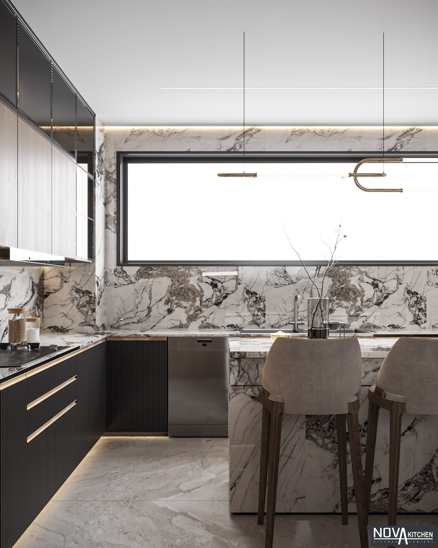 Tủ bếp MDF kết hợp nội thất đá sang trọng