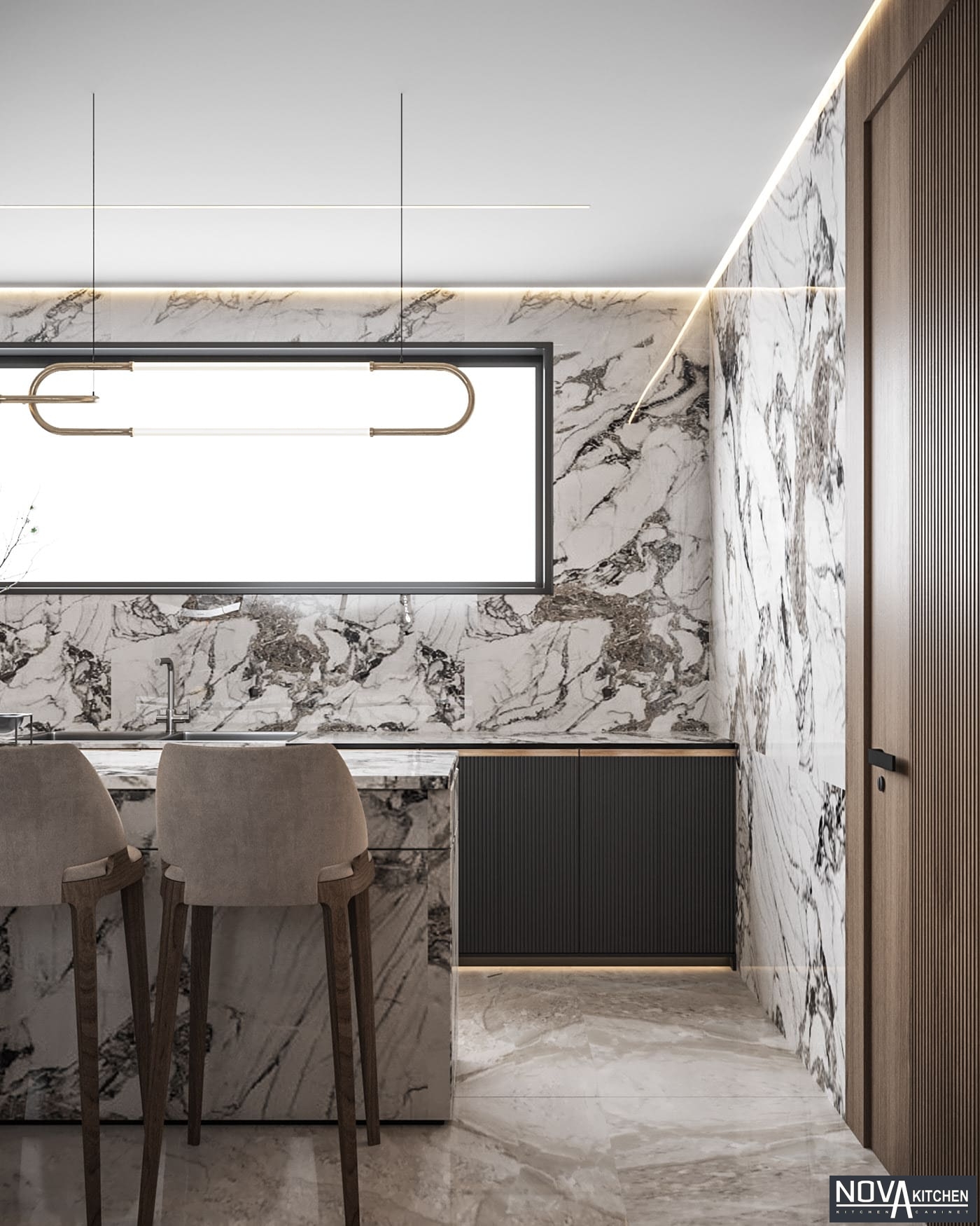 Tủ bếp MDF kết hợp nội thất đá sang trọng