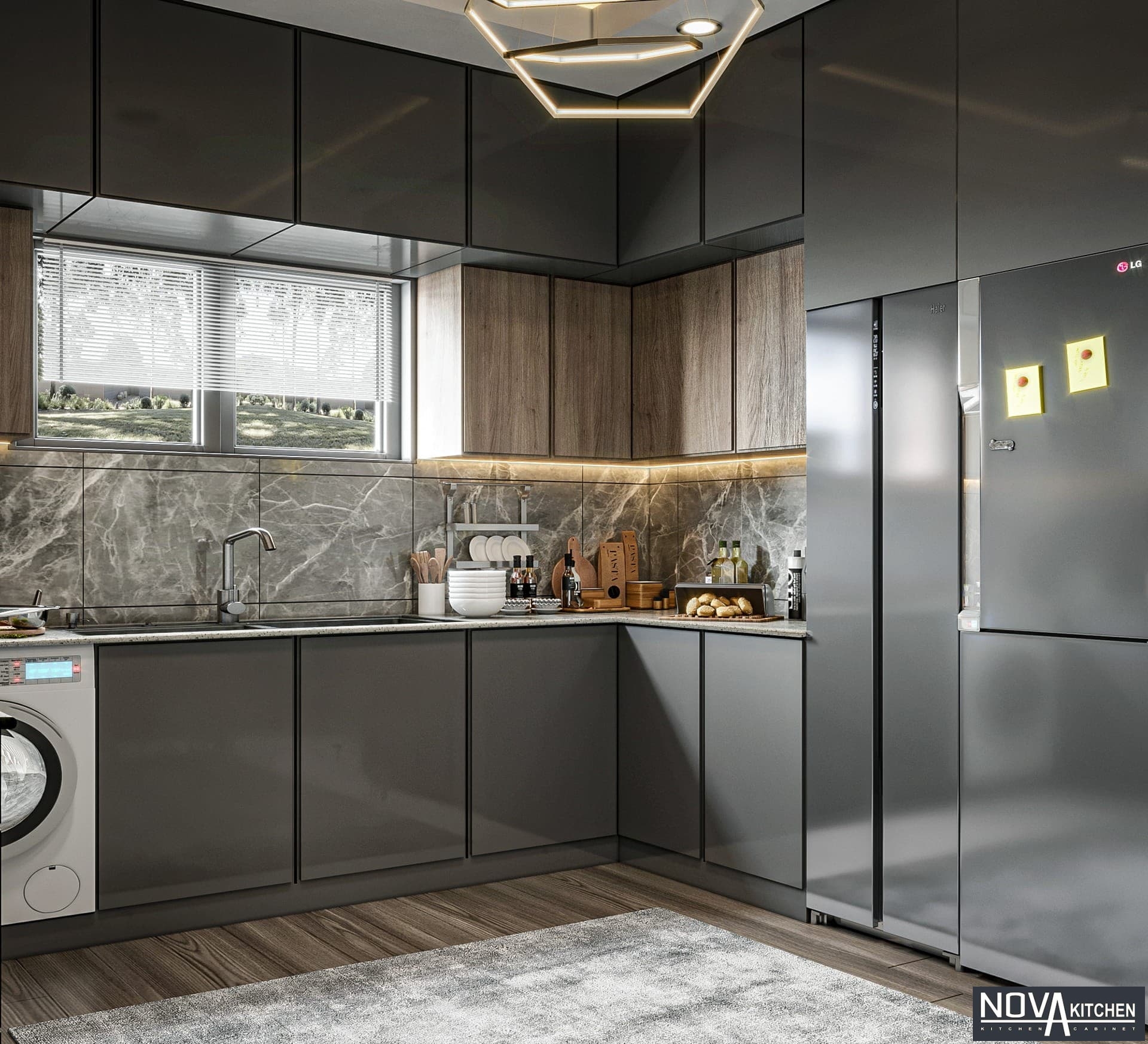 Tủ bếp MDF màu xám kết hợp vân gỗ sang trọng