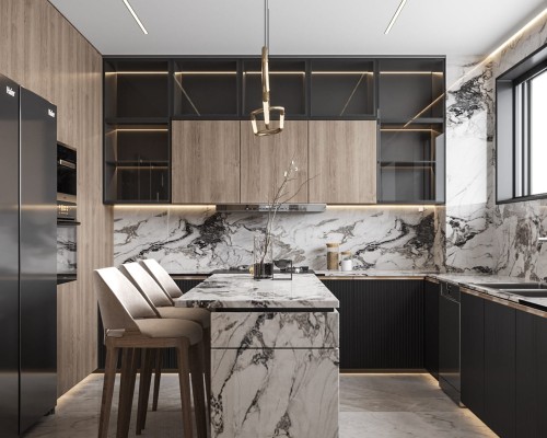 Tủ bếp MDF kết hợp nội thất đá sang trọng