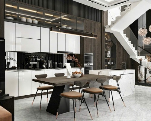 Tủ bếp MDF kết hợp tủ bếp cánh kính hiện đại