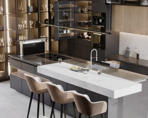 Tủ bếp MDF kết hợp tủ bếp cánh kính hiện đại